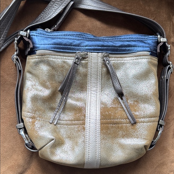 Natasha Dueham Gold and Blue Leather Crossbody Bag NWOT - Picture 11 of 15